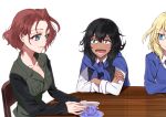  andou_(girls_und_panzer) angry azumi_(girls_und_panzer) bangs bc_freedom_school_uniform black_hair black_jacket black_vest blonde_hair blue_eyes blue_neckwear blue_sweater brown_eyes brown_hair chair closed_mouth commentary crossed_arms cup dark_skin diagonal_stripes dress_shirt frown girls_und_panzer jacket long_sleeves looking_at_another medium_hair messy_hair military military_uniform multiple_girls necktie no_undershirt open_mouth oshida_(girls_und_panzer) parted_bangs red_neckwear saucer school_connection school_uniform selection_university_military_uniform shirt short_hair shutou_mq simple_background sitting smile striped striped_neckwear sweater teacup uniform vest white_background white_shirt wing_collar 