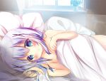  bangs bed_sheet blue_eyes blue_hair blush breasts closed_mouth commentary_request day eyebrows_visible_through_hair gochuumon_wa_usagi_desu_ka? hair_between_eyes hair_ornament indoors kafuu_chino long_hair lying naked_sheet on_side pillow plant potted_plant rikatan small_breasts smile solo sunlight under_covers window x_hair_ornament 