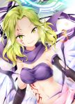  ahoge angel_wings azriel_(no_game_no_life) breasts cleavage cross feathered_wings gloves green_eyes green_hair halo highres ikasoke_(likerm6au) low_wings magic_circle medium_breasts midriff navel no_game_no_life short_hair smile solo symbol-shaped_pupils tattoo white_wings wing_ears wings 
