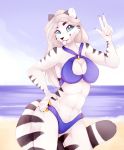  2017 5_fingers anthro blue_eyes breasts cat day detailed_background digital_media_(artwork) eyebrows eyelashes feline female kristiana_puff mammal midriff navel outside solo tongue 