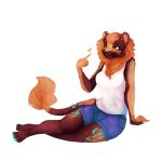  2016 5_fingers anthro barefoot blue_nose breasts brown_eyes digital_media_(artwork) feline female hybrid kristiana_puff mammal simple_background sitting solo white_background 