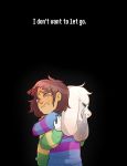  2015 anthro asriel_dreemurr black_background boss_monster brown_hair caprine clothed clothing crying cute digital_media_(artwork) duo emotional english_text feels fur goat hair hi_res hug human male mammal open_mouth protagonist_(undertale) qtarts sad simple_background tears text undertale video_games white_fur 