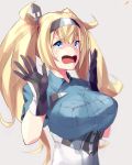  blonde_hair blue_eyes blue_shirt breast_pocket breasts crying crying_with_eyes_open gambier_bay_(kantai_collection) gloves hair_between_eyes highres kantai_collection large_breasts long_hair multicolored multicolored_clothes multicolored_gloves open_mouth pocket shirt short_sleeves solo sutaa_dasuto-kun tears twintails upper_body w_arms 