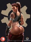  1girl ass breasts brigitte_lindholm curvy dirty dirty_face hips large_breasts lips looking_at_viewer muscle muscular_female overwatch pants pants_pull ponytail salvador_trakal solo tank_top thong watermark wide_hips 
