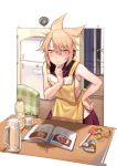  absurdres apron bare_arms blonde_hair blush book bookmark bottle chair commentary_request cork hair_between_eyes hand_on_hip hand_on_own_chin highres indoors jar looking_down pointy_ears purple_skirt refrigerator sarashi shan shirt simple_background skirt sleeveless sleeveless_shirt solo spatula squiggle table touhou toyosatomimi_no_miko white_background white_day wooden_floor yellow_eyes 