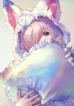  1girl alternate_costume commentary_request cosplay eyebrows_visible_through_hair fate/grand_order fate_(series) fou_(fate/grand_order) fou_(fate/grand_order)_(cosplay) grey_background hair_over_one_eye hidden_face holding holding_pillow hood hood_up lavender_hair looking_at_viewer mash_kyrielight nail_polish pillow pillow_hug pink_nails purple_eyes short_hair simple_background solo tocope 
