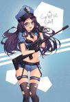  :d bad_id bad_pixiv_id belt between_breasts black-framed_eyewear black_bra black_gloves black_legwear black_neckwear bra breast_hold breasts caitlyn_(league_of_legends) cleavage commentary crop_top cuffs cupcake denim denim_shorts english fingerless_gloves food gloves groin gun handcuffs hat highres holding holding_gun holding_weapon league_of_legends lee_seok_ho long_hair medium_breasts midriff navel necktie officer_caitlyn open_mouth peaked_cap police police_badge police_hat police_uniform policewoman purple_eyes purple_hair rifle scope shirt short_shorts short_sleeves shorts signature smile sniper_rifle solo standing stomach sunglasses teeth thigh_gap thigh_strap thighhighs torn_clothes torn_legwear underwear uniform weapon wing_collar 