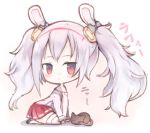  :&lt; animal animal_ears azur_lane bad_id bad_pixiv_id bangs blush bunny_ears cat chibi closed_mouth commentary_request full_body hair_ornament hairband jacket kotatu_(akaki01aoki00) laffey_(azur_lane) long_hair long_sleeves looking_at_viewer looking_to_the_side pink_jacket pleated_skirt red_eyes red_hairband red_skirt sidelocks silver_hair skirt solo thighhighs translation_request twintails very_long_hair white_legwear 