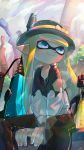  bad_hands bangs between_legs black_hat black_shirt blonde_hair blue_eyes blue_sky blunt_bangs boater_hat bow brown_pants building closed_mouth cloud commentary day domino_mask gun happy hat hat_bow hat_ribbon highres hime_cut ink ink_tank_(splatoon) inkling jet_squelcher_(splatoon) kashu_(hizake) lens_flare light_rays long_hair long_sleeves looking_away looking_to_the_side looking_up mask monster_girl outdoors pants pointy_ears ribbon shirt sidelocks sitting sky skyscraper smile solo splatoon_(series) splatoon_2 sun sunlight tentacle_hair track_pants tree weapon white_shirt yellow_bow yellow_ribbon 
