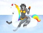  2016 anthro black_hair black_sclera breasts cat clothed clothing day dessert digital_media_(artwork) feline female food fur grey_fur hair ice_cream kristiana_puff mammal midriff navel outside partially_submerged sky water 