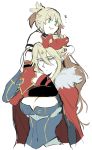  age_regression artoria_pendragon_(all) artoria_pendragon_(lancer) blonde_hair breasts cleavage fate/apocrypha fate/grand_order fate_(series) green_eyes head_hold mordred_(fate) mordred_(fate)_(all) mother_and_daughter pointy_ears takatsuki_nato younger 