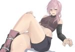  arm_warmers bad_id bad_pixiv_id boots crossed_legs final_fantasy final_fantasy_xiii highres kumamoto_nomii-kun lightning_farron looking_at_viewer open_mouth pink_hair short_shorts shorts simple_background sleeveless solo 