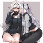  ak-12_(girls_frontline) an-94_(girls_frontline) arm_support bangs bare_legs black_gloves black_pants black_ribbon blush bow braid breasts cleavage cleavage_cutout commentary cowboy_shot eyebrows_visible_through_hair finger_to_mouth from_side girls_frontline gloves green_eyes hair_between_eyes hair_bow hairband heart imminent_kiss large_breasts legs_together long_hair long_sleeves looking_at_another midriff multiple_girls navel one_eye_closed open_mouth outside_border pants ponytail revision ribbon shorts side_braid sidelocks signature sungwon sweat sweatdrop white_hair yuri zipper 