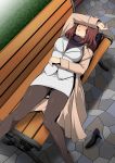  1girl arm_up bench blush breasts brown_hair closed_mouth coat drunk eyes_closed from_above grass gureko_rouman highres large_breasts legs long_coat lying original outdoors pantyhose purse shoe_removed short_hair skirt sleeping solo sweater thighs turtleneck turtleneck_sweater white_skirt 