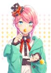  amemura_ramuda androgynous aqua_hoodie bad_id bad_pixiv_id bangs blue_eyes blush bow candy collared_shirt commentary_request eyebrows_visible_through_hair facial_mark food hair_between_eyes hat hat_bow hat_ribbon head_tilt holding holding_lollipop hood hood_down hoodie hypnosis_mic levka lollipop long_hair long_sleeves looking_at_viewer male_focus mini_hat mini_top_hat off_shoulder open_clothes open_hoodie pink_hair red_bow red_ribbon ribbon shirt sleeves_past_wrists solo top_hat white_background white_shirt 