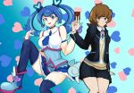  2girls blue_angel blue_eyes blue_hair breasts brown_eyes brown_hair closed_mouth earrings eyebrows jacket jewelry long_hair matching_hair/eyes multiple_girls necktie open_mouth shirt shoes short_hair skirt smile sweater thighhighs tie tied_hair twintails yu-gi-oh! yuu-gi-ou_vrains zaizen_aoi 