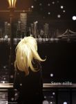  artist_name blonde_hair bridge building city_lights cityscape commentary english facing_away from_behind kijineko lamppost night original outdoors river scenery short_hair snowing solo water 