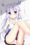  :o ass bangs bare_legs bed_sheet black_skirt blue_eyes blush commentary_request eyebrows_visible_through_hair feet_out_of_frame gochuumon_wa_usagi_desu_ka? hair_ornament hairband hands_on_own_chest highres kafuu_chino kouda_suzu legs_up long_hair looking_at_viewer lying on_back on_bed open_mouth panties pantyshot pantyshot_(lying) pillow pleated_skirt sailor_collar shirt silver_hair skirt sleeveless sleeveless_shirt solo tareme underwear white_panties x_hair_ornament 