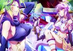  ahoge angel_wings azriel_(no_game_no_life) blue_hair breasts crop_top cross feathered_wings gloves gradient green_eyes green_hair halo huge_ahoge jibril_(no_game_no_life) large_breasts long_hair looking_at_viewer low_wings magic_circle midriff mismatched_legwear multicolored multicolored_eyes multicolored_hair multiple_girls navel no_game_no_life official_art pink_hair purple_eyes raphael_(no_game_no_life) sideboob sitting smile symbol-shaped_pupils tattoo very_long_hair white_wings wing_ears wings yellow_eyes 