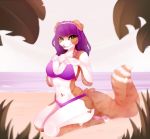  2017 anthro breasts brown_eyes clothed clothing day detailed_background digital_media_(artwork) feline female fur hair kneeling kristiana_puff mammal midriff navel outside purple_hair sky solo tan_fur 