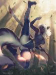  2018 anthro attack black_fur blonde_hair blood blue_eyes clothed clothing digital_media_(artwork) female flying fur glaive hair hi_res kardie mammal melee_weapon open_mouth polearm skunk solo spread_legs spreading tongue totesfleisch8 weapon white_fur wounded 