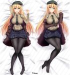  artist_name bed_sheet beret blonde_hair blush breasts dakimakura dinosaurus_(azimangasaurus) dress_shirt girls_frontline green_eyes hat large_breasts m1_garand_(girls_frontline) multiple_views necktie off_shoulder pantyhose shirt skirt smile suspenders 