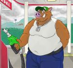  anthro belly belt big_belly boar clothing dog_tags gas_station gator_(artist) hat male mammal moobs musclegut muscular muscular_male overweight overweight_male pants porcine shirt smile solo the_bogosphere trucker 