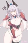  aqua_nails armor ass_visible_through_thighs bikini_armor blush breasts cape carmilla_(fate/grand_order) cleavage commentary_request cosplay elizabeth_bathory_(brave)_(fate) elizabeth_bathory_(brave)_(fate)_(cosplay) elizabeth_bathory_(fate)_(all) fate/grand_order fate_(series) fingernails gloves horns kichihachi large_breasts long_fingernails long_hair looking_at_viewer nail_polish navel open_mouth pauldrons red_armor silver_hair silver_trim solo thighhighs tiara yellow_eyes 