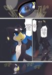  2018 anthro avian beak blue_eyes canine comic day digital_media_(artwork) digitigrade duo english_text gryphon hybrid male mammal nude outside phation rudragon standing text yellow_beak 