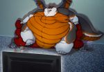  anthro dragon food fries male morbidly_obese nakoo obese orange_scales overweight scales scalie sitting television text wings 