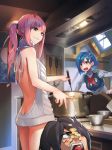  2girls anger_vein angry ass backless_dress backless_outfit bangs bare_back black_hair blue_eyes blue_hair blush chinese_commentary closed_mouth commentary_request cooking darling_in_the_franxx drawstring dress emblem flat_ass food food_on_face green_eyes grey_sweater hair_ornament hair_over_one_eye hairclip highres hiro_(darling_in_the_franxx) honey horns ichigo_(darling_in_the_franxx) indoors kitchen ladle long_hair looking_at_another meme_attire multiple_girls naked_sweater nene_(taiwan) open_mouth pink_hair ponytail pot short_hair smile sweater sweater_dress uniform virgin_killer_sweater zero_two_(darling_in_the_franxx) 