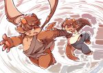  blush brown_fur brown_hair brown_skin clothing flying fur hair half_naked hand_holding horn imp open_mouth overweight red_eyes simple_background slightly_chubby surprise wings wolfsoul young 