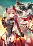  armor armored_boots azur_lane bangs boots breasts cowboy_shot dress embers evening eyebrows_visible_through_hair garter_straps german_flag gloves hair_between_eyes headgear highres iron_cross long_hair long_sleeves mecha medium_breasts oshishio outdoors prinz_eugen_(azur_lane) short_dress shrug_(clothing) sideboob silver_hair soukou_kihei_votoms thigh_boots thighhighs thighs two_side_up wind yellow_eyes 