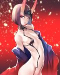  ban bangs bob_cut breasts commentary_request eyebrows_visible_through_hair eyeshadow fate/grand_order fate_(series) headpiece highres hips horns japanese_clothes jewelry kimono looking_at_viewer looking_to_the_side makeup navel off_shoulder oni oni_horns open_clothes open_kimono parted_lips purple_eyes purple_hair purple_kimono revealing_clothes short_eyebrows short_hair shuten_douji_(fate/grand_order) small_breasts solo 