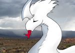 absurd_res ambiguous_gender clothed clothing cloud digital_media_(artwork) drooling eyes_closed feral fur hi_res horn human licking mammal orcrest plant realistic_background rimworld saliva shaded shrub thrumbo tongue tongue_out vore white_body 