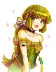  :d bare_shoulders black_choker bow bracelet breasts choker commentary_request graphite_(medium) green_eyes green_hair hair_bow hair_ornament hair_ribbon happy jewelry long_hair looking_at_viewer multi-tied_hair open_mouth ponytail rabihiko ribbon saga saga_frontier saga_frontier_2 small_breasts smile solo traditional_media virginia_knights 