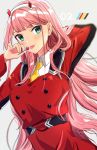  :3 adjusting_hair arm_behind_head bad_id bad_pixiv_id bangs blush candy darling_in_the_franxx eyebrows_visible_through_hair food green_eyes hairband highres horns lollipop long_hair military military_uniform nail_polish pink_hair pink_nails smile solo straight_hair tomato_omurice_melon tongue tongue_out uniform upper_body very_long_hair white_hairband yellow_neckwear zero_two_(darling_in_the_franxx) 