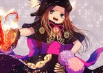  bad_id bad_twitter_id black_gloves brown_hair chacha_(fate/grand_order) dress fate/grand_order fate_(series) gloves grey_background hand_on_hip hat iduhara_jugo long_hair looking_at_viewer obi open_mouth pom_pom_(clothes) rope sash simple_background upper_body 