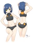  ass bangs bikini blue_hair darling_in_the_franxx from_behind green_eyes grin hair_ornament hairclip hands_on_hips highres ichigo_(darling_in_the_franxx) looking_at_viewer looking_back multiple_views navel short_hair simelu smile swimsuit white_background white_bikini 