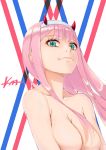  absurdres artist_name bangs breasts darling_in_the_franxx eyebrows_visible_through_hair green_eyes hairband highres horns keemee long_hair looking_at_viewer medium_breasts no_nipples nude pink_hair pink_lips smug solo straight_hair upper_body white_hairband zero_two_(darling_in_the_franxx) 