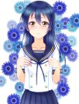  bangs blue_hair blush bow closed_mouth floral_background hair_between_eyes hiro9779 long_hair looking_at_viewer love_live! love_live!_school_idol_project school_uniform solo sonoda_umi yellow_eyes 
