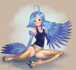  2018 animal_humanoid avian avian_humanoid blue_feathers blue_hair clothed clothing digital_media_(artwork) feathered_wings feathers female hair harpy humanoid looking_at_viewer monster_girl_(genre) monster_musume papi_(monster_musume) shirt short_hair shorts smile solo talons tank_top tawni_tailwind wings 