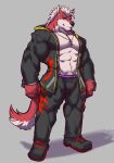  2018 abs anthro biceps black_nose canine clothed clothing digital_media_(artwork) fur hi_res istani male mammal muscular muscular_male open_shirt pecs simple_background smile solo 