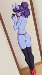  :&lt; ass back black_legwear blue_skin cellphone commentary crossdressing dimples_of_venus eyebrows_visible_through_hair eyes_visible_through_hair from_behind high_heels highres horns ittla kyou_(ittla) long_hair looking_at_viewer looking_back male_focus oni_horns original otoko_no_ko panties phone pointy_ears ponytail purple_hair red_eyes red_footwear red_panties reflection self_shot shoes shoulder_blades solo thick_eyebrows thighhighs underwear underwear_only 