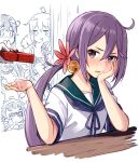  absurdres akebono_(kantai_collection) animal animal_on_head arare_(kantai_collection) bell binoculars bird bird_on_head blush commentary_request flower gift hair_bell hair_flower hair_ornament hand_on_own_face highres jingle_bell kagerou_(kantai_collection) kantai_collection long_hair max_melon multiple_girls nagatsuki_(kantai_collection) on_head purple_eyes purple_hair satsuki_(kantai_collection) school_uniform serafuku short_sleeves side_ponytail solo_focus spot_color table tsundere upper_body ushio_(kantai_collection) very_long_hair white_day 
