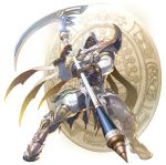  1boy absurdres boots dark_skin dark_skinned_male facial_tattoo glowing_eye greaves heterochromia highres hood_up huge_weapon male_focus official_art pauldrons scythe simple_background solo soul_calibur soulcalibur_vi weapon white_robe yellow_eye zasalamel 