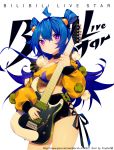  1girl ahoge alternate_costume alternate_eye_color alternate_hairstyle artist_name bili_girl_22 bilibili_douga blue_hair blush breasts choker closed_mouth collarbone copyright_name eyebrows_visible_through_hair guitar holding holding_instrument instrument long_hair looking_at_viewer medium_breasts official_art pink_eyes pixiv_id prophet_chu solo watermark web_address 