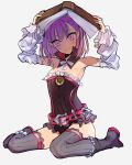  armpits ashita_kura bare_shoulders belt black_hat book book_on_head detached_collar detached_sleeves fate/grand_order fate_(series) flat_chest full_body hat helena_blavatsky_(fate/grand_order) highres looking_at_viewer object_on_head purple_eyes purple_hair short_hair sketch smile solo strapless thighhighs tree_of_life white_sleeves 