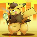  anthro balls barefoot big_butt black_eyes bottomless butt butt_grab cigar city clothed clothing cute deerstalker_hat detective detective_pikachu great_detective_pikachu hand_on_butt hat long_ears looking_at_viewer looking_back magnifying_glass male mammal mostly_nude nintendo outside pikachu pok&eacute;mon pok&eacute;mon_(species) portrait presenting presenting_hindquarters rodent shirt smile smoke smutty-smeargle solo standing teeth thick_thighs video_games 
