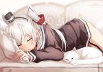  amatsukaze_(kantai_collection) bangs blush brown_dress cat closed_eyes commentary_request couch dress eyebrows_visible_through_hair fang garter_straps hair_between_eyes hair_tie hair_tubes hairband holding holding_pillow kantai_collection long_hair lying on_side open_mouth pillow sailor_dress short_dress sidelocks silver_hair sleeping smokestack solo takanashi_kei_(hitsujikan) thighs two_side_up whiskers white_cat 